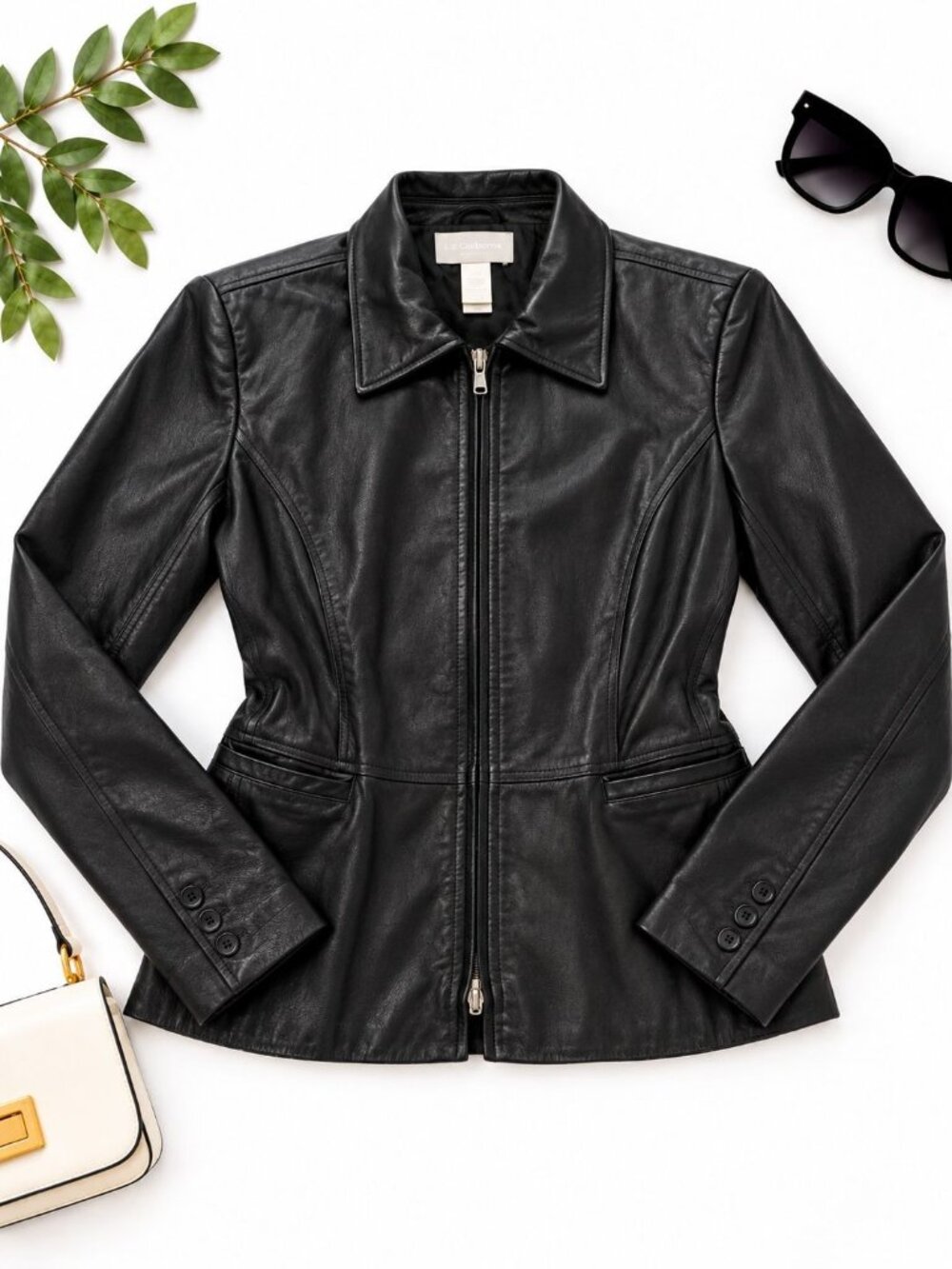 Liz Claiborne Womens Leather Jacket Black Size 12 With Zipper Closure Lined